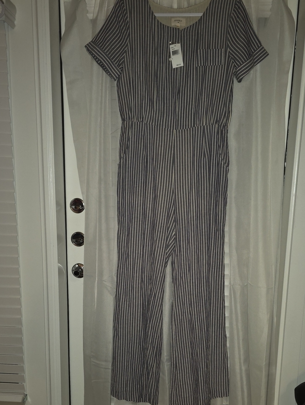 Everly Denim Gray Pinstripe Short Sleeve Jumpsuit Size L NWT